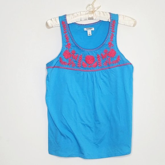 Pool Blue Top with Embroidered Floral Detail in Fuchsia - Picture 1 of 6